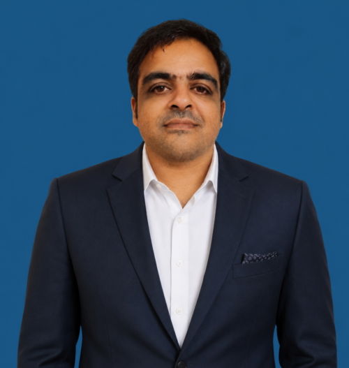 Professional executive portrait on blue background