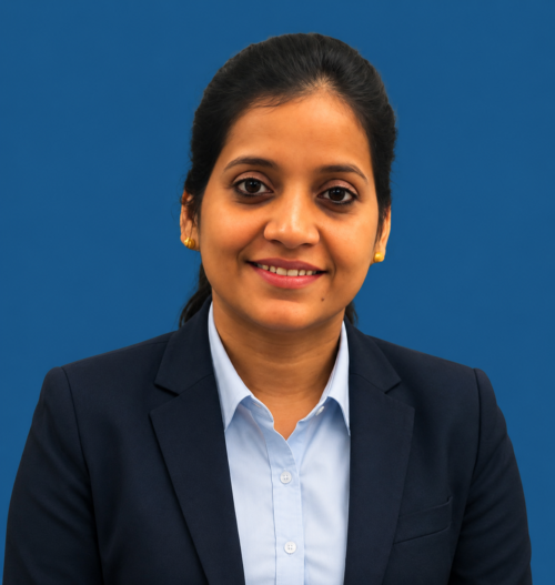 Professional portrait with blue backdrop